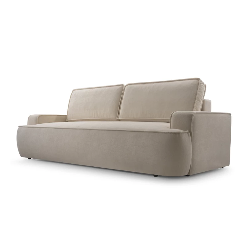 Sofa ASTI z funkcją spania i pojemnikiem na pościel, miękka tkanina boucle