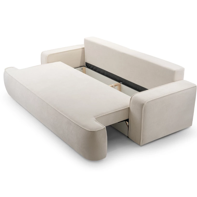 Sofa ASTI z funkcją spania i pojemnikiem na pościel, miękka tkanina boucle