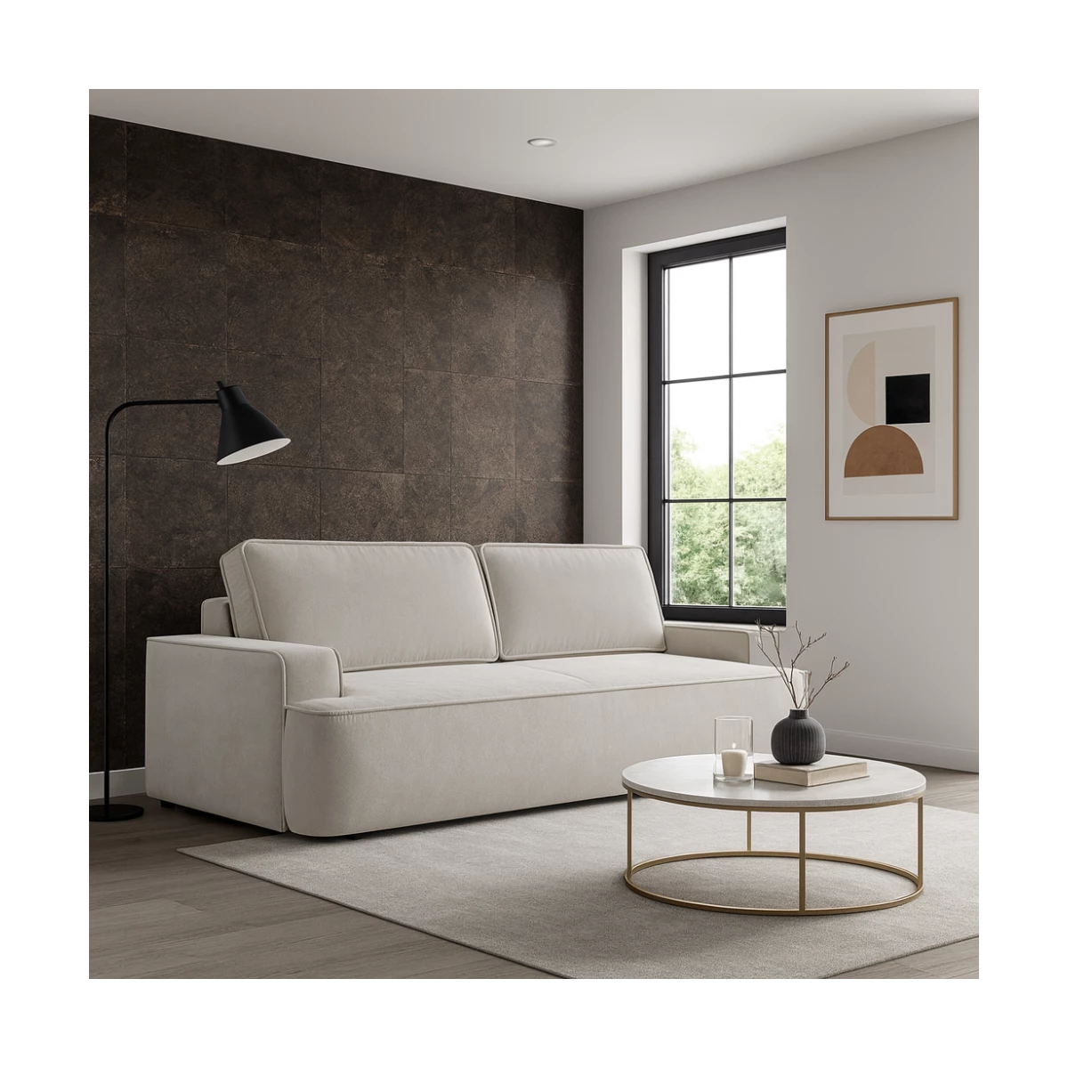 Sofa ASTI z funkcją spania i pojemnikiem na pościel, miękka tkanina boucle