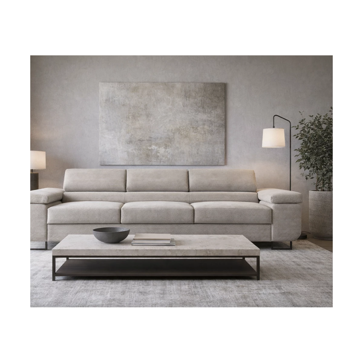 Kanapa NALO z funkcją spania i regulowanymi zagłówkami, tkanina sztruks