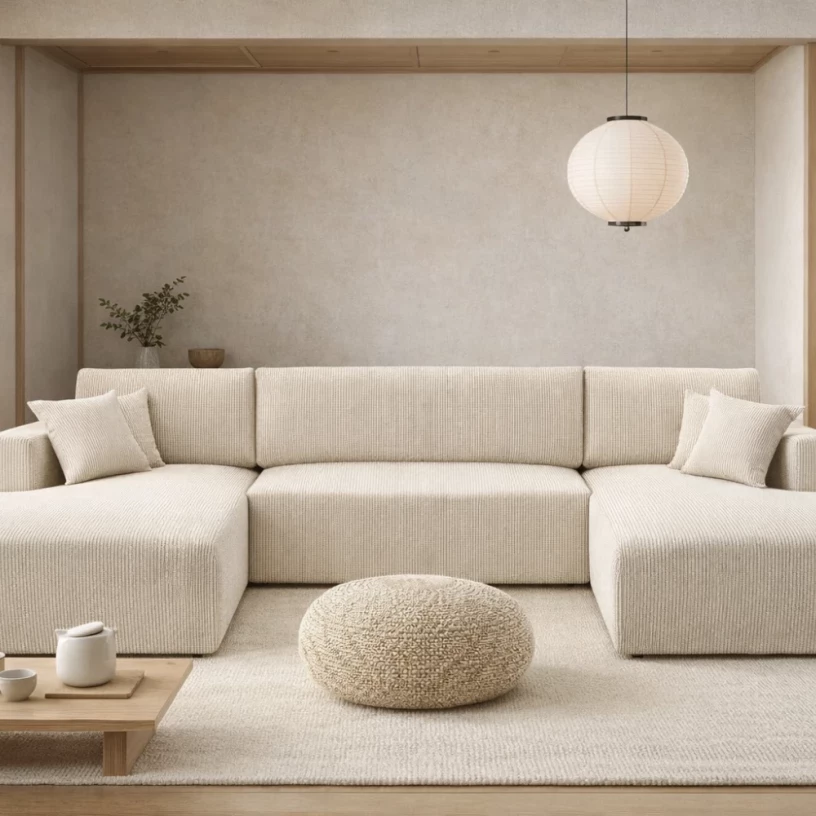 Duży narożnik MOA U rozkładany tkanina sztruks obłe kształty