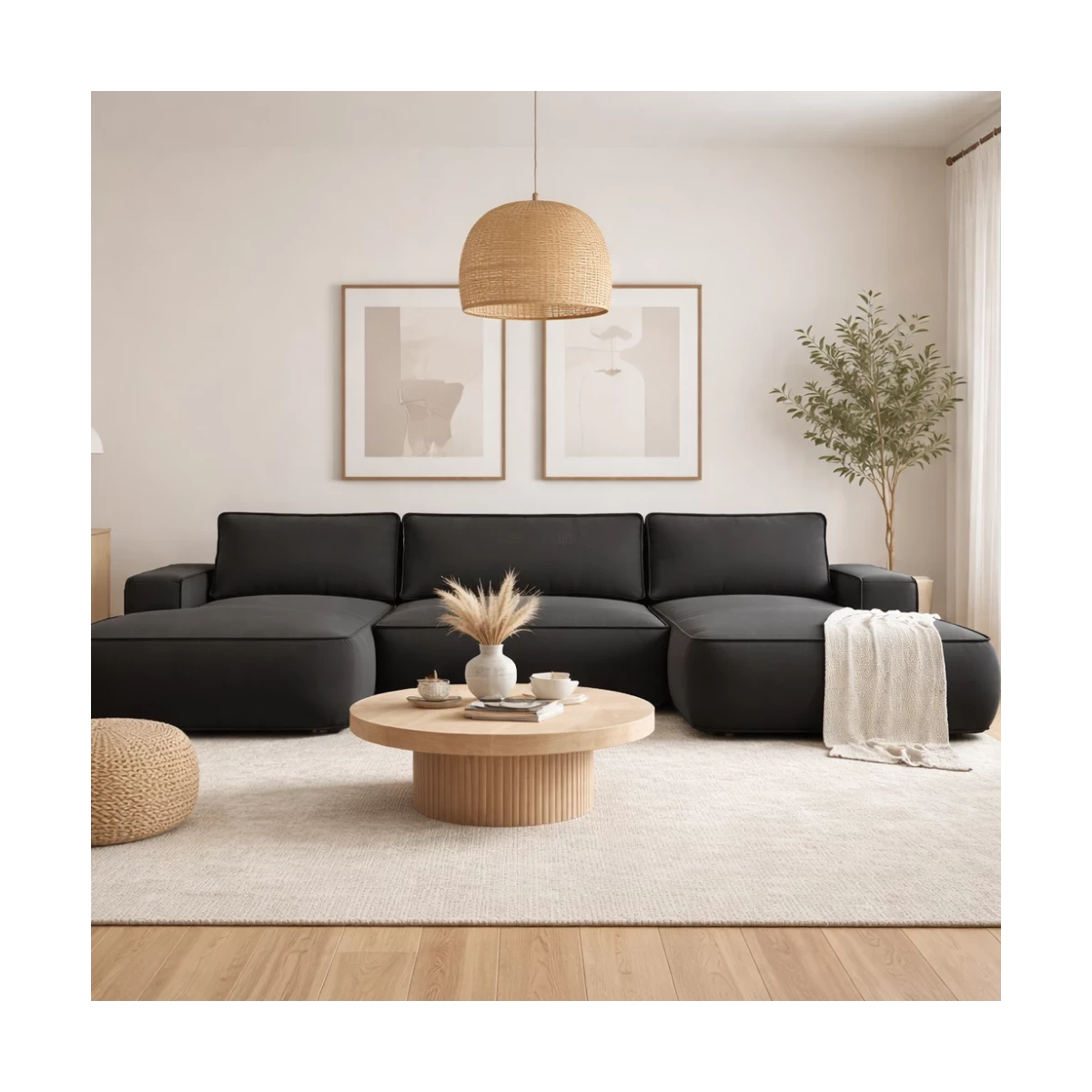 Duży narożnik ASTI U rozkładany z pojemnikiem na pościel, obłe kształty